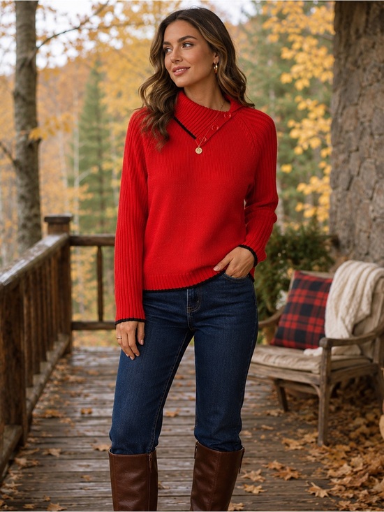 Mountain Lake Sweaters - Mountain Lake Red Mock Neck Button Sweater Black Trim Large